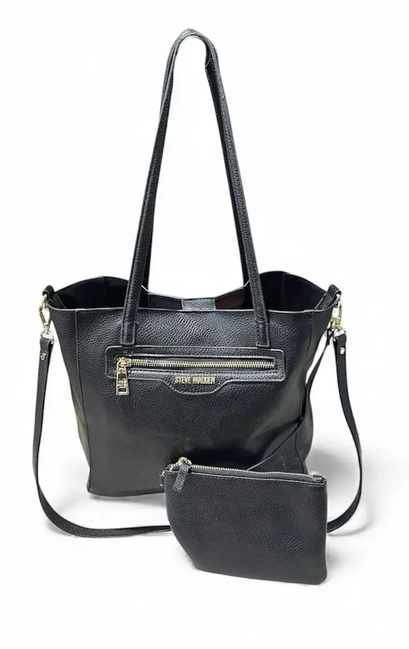 Steve Madden Black Leather Pebbled Tote + Matching Makeup Wristlet-Shoulder Bag